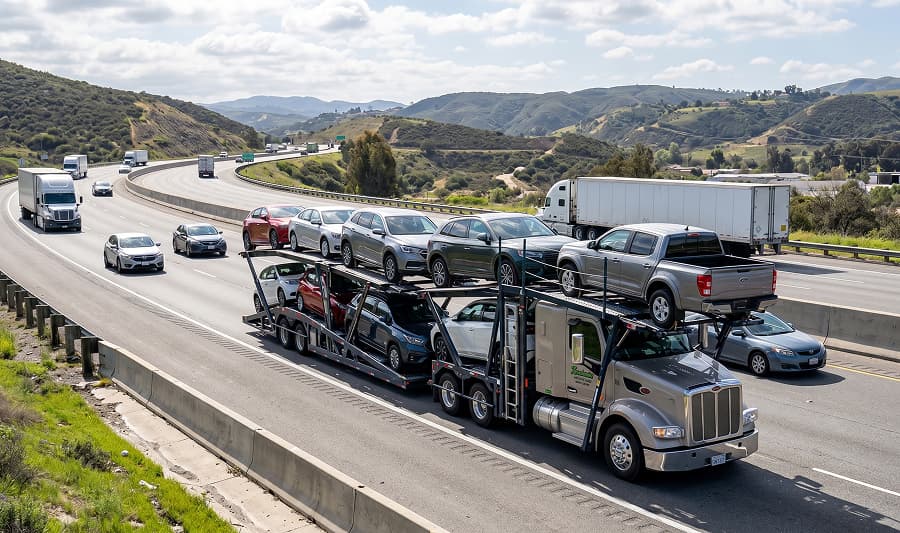 Car hauling transporter on the highway