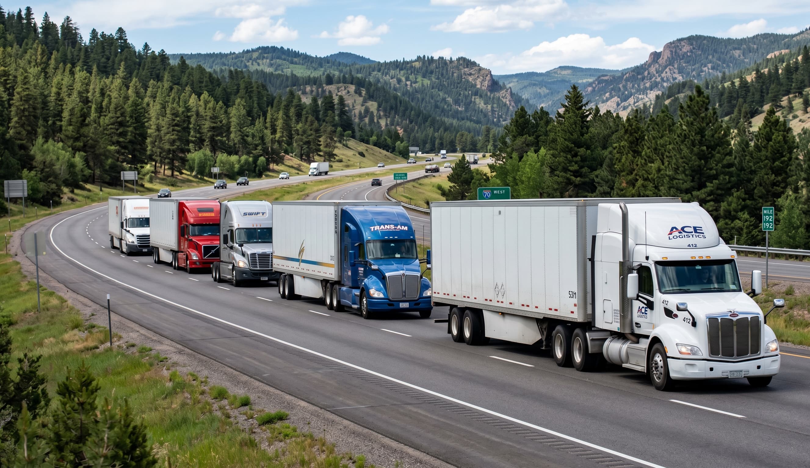 Dry van truck convoy on the highway
