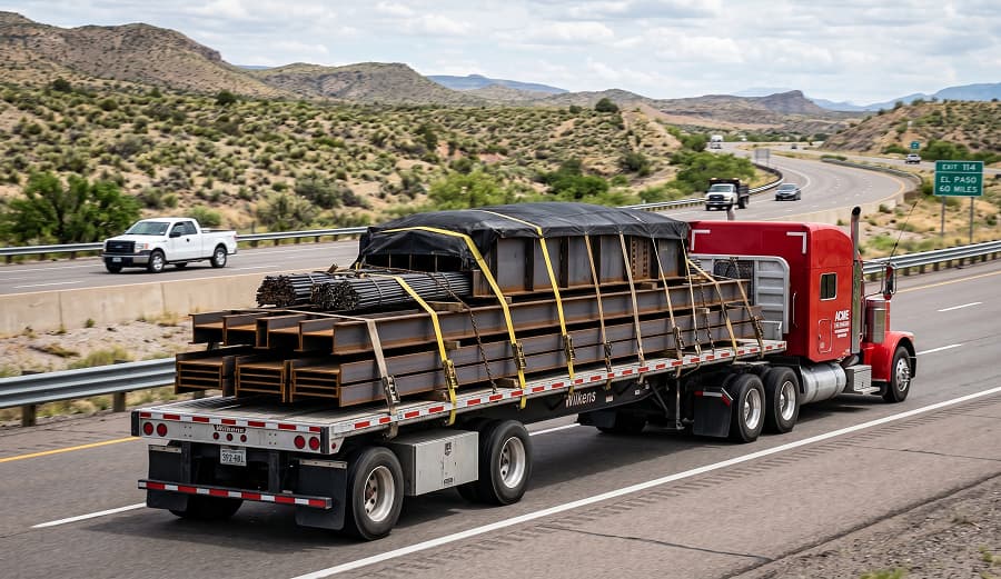 Flatbed truck loaded with steel on the highway